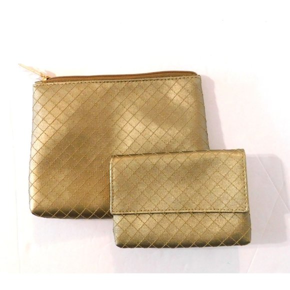 Estee Lauder Set of 2 Makeup Bag 7.5" Small Clutch 5.5" Gold Stitched Design Zip - Picture 1 of 8